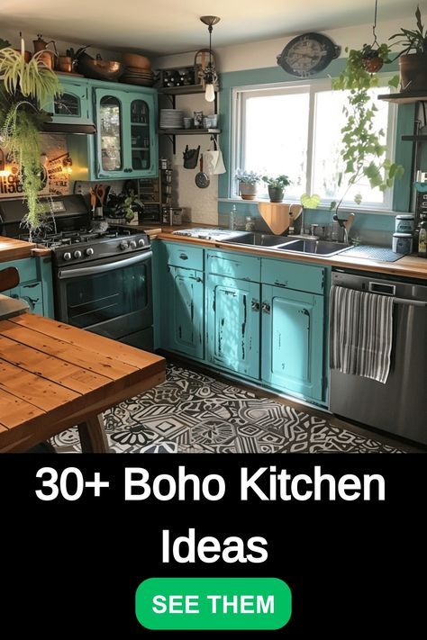 Love the boho style but wondering how to apply this school of design in a kitchen? Good question! We found 30 great examples of boho kitchens that show you just how, and used them to provide you with this list of tips. The Boho style involves lots of plants, patterns, and pops of bright color […] Boho Style Kitchen Ideas, Small Kitchen Boho Ideas, Kitchen Design Bohemian, Boho Kitchen Cupboards, Bright Cozy Kitchen, Painted Kitchen Cabinets Colors Boho, Small Kitchen Ideas Color, Boho Kitchen Blue, Boho Kichen Desine