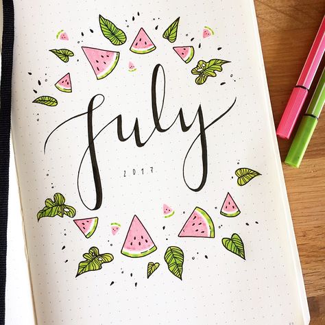 Summer is here and it's time to start thinking about July Bullet Journal themes. And setting up a new journal if your last one is running out of pages! Bullet Journal Page, Bullet Journel, Bullet Journal 2019, Bullet Journal Cover Page, Bullet Journal Weekly Spread, Diary Ideas, Bullet Journal Themes, Bullet Journal Writing, Bullet Journal Art