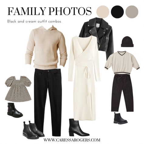 Gray And Cream Family Photos, Black And White Clothes Family Photos, Black And White Outfit Photoshoot Family, Black White And Cream Family Photos, Neutral Outfit Photoshoot, Black Cream Family Pictures, Ivory Family Photo Outfits, Black And White Fall Family Photos, Christmas Family Photo Outfits Black