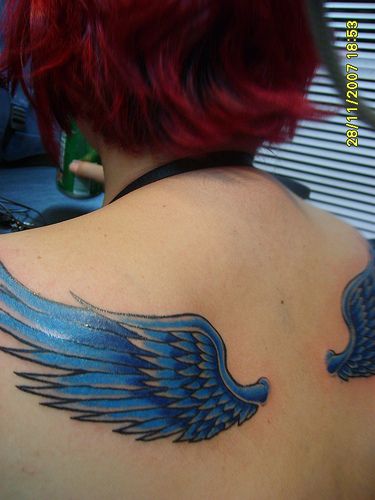 Blue wings Blue Wings Tattoo, Black Wings Tattoo On Back, Blue Angel Wings Tattoo, Colorful Angel Wings Tattoo, Fallen Angel Wings Tattoo On Back, Blue Wings Angel, Black And Blue Angel Wings, Blue Angel Wings, Angel Wings Drawing