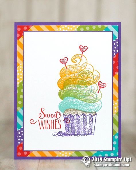 Stampin Up Hello Cupcake, Daffodil Cards, Cupcake Birthday Cards, Home To Roost, Cupcake Cards, Hello Cupcake, Cupcake Card, Dsp Cards, Rainbow Card