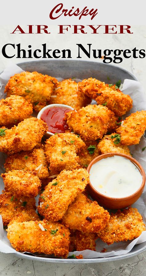 These Crispy Air Fryer Chicken Nuggets are perfectly seasoned and deliciously tender | best air fryer chicken nuggets | panko air fryer chicken nuggets | air fryer chicken nuggets recipe | air fryer chicken nuggets healthy recipe Air Fried Chicken Nuggets, Keto Asparagus, Air Fryer Chicken Nuggets, Healthy Chicken Nuggets, Fried Chicken Nuggets, Homemade Chicken Nuggets, Homemade Chinese, Chicken Nugget Recipes, Asparagus Recipes