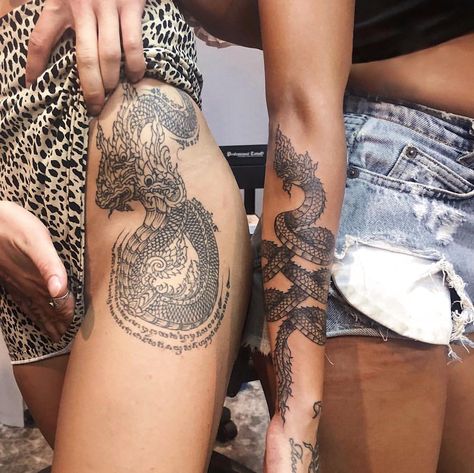 Divine Feminine Snake Tattoo, Naga Tattoo, Protect My Energy, Naga Serpent, Tattoo God, Borneo Tattoo, Small Chest Tattoos, Serpent Tattoo, Sak Yant Tattoo