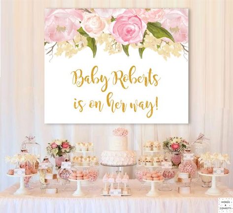 Backdrop Baby Shower, Backdrop Banner, Photobooth Backdrop Baby, Cake Table Backdrop, Baby Shower Si Cake Table Backdrop, Floral Baby Shower Decorations, Pink Gold Baby Shower, Peach Baby Shower, Baby Shower Dessert Table, Gold Baby Shower, Baby Shower Girl, Shower Backdrop, Baby Shower Invitaciones