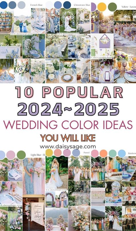 Make a statement with daring color combinations for your 2025 wedding. Get inspired by unexpected pairings that add a sense of sophistication and beauty. Sage Green And Dusty Blue, Wedding Colors 2024, Lavender Wedding Decorations, Popular Color Palettes, Top Wedding Colors, Popular Color Schemes, Wedding Colors Fall, Wedding Colors Summer, Color Trends 2024