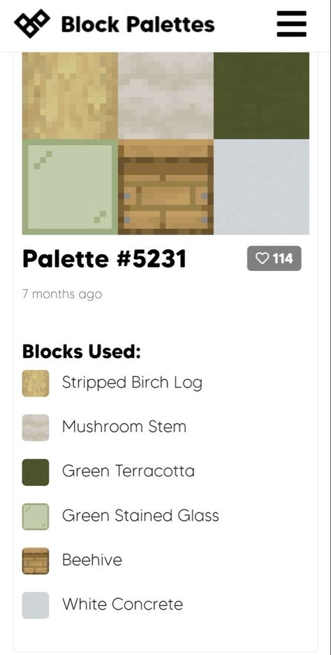 Cute Mc Builds House, Cottagecore Minecraft Pallet, Minecraft Green Color Palette, Minecraft Cottagecore Block Palette, Warped Stem Houses Minecraft, Minecraft Cottage Blueprints Layout, Building Pallets Minecraft, Minecraft Cattails, Cottagecore Minecraft Block Pallet