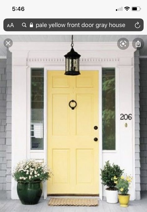 Pale Yellow Front Door, Yellow Front Door, Yellow Front Doors, Grey Houses, Door Color, Pale Yellow, Tall Cabinet Storage, Front Door, Dream House