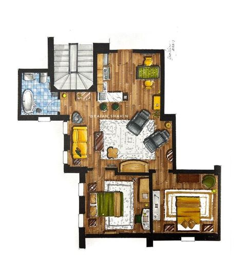 Markers Drawing Architecture, Limestone Texture, Marker Rendering, Watercolor Rendering, Rendered Floor Plan, Architecture Icons, Architecture Drawing Plan, Interior Design Renderings, Architecture Portfolio Design