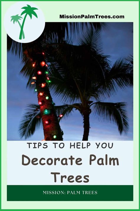 A poster about decorating tips for putting lights on palm trees for the holidays Christmas In The Tropics Decor, Christmas Palm Tree Decoration, Palm Tree Christmas Decorations, Christmas Lights On Palm Trees, Diy Palm Tree Decorations, Palm Tree Christmas Lights, Diy Palm Tree, Outdoor Xmas Lights, Post Christmas Decor