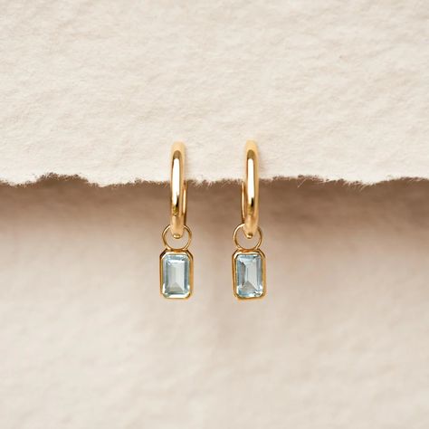 Huggie Earrings with Baguette Charms Sky Blue Topaz - Amelia | Linjer Jewelry Girlie Gifts, Blue Earrings Wedding, Square Jewelry, Silver Ring Designs, Aquamarine Earrings, Blue Topaz Earrings, Sky Blue Topaz, Jewelry Lookbook, Topaz Earrings