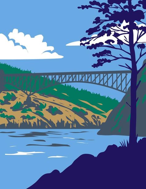 Deception Pass State Park with Whidbey Island and Fidalgo Island in Washington State USA WPA Poster Art Smashbook Ideas, Deception Pass, Wpa Posters, Whidbey Island, Tree Saw, Cityscape Photos, Nature Backgrounds, Vector Clipart, Background Banner