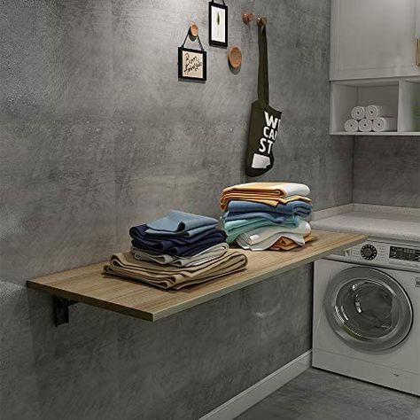 Folding Space In Laundry Room, Mounted Folding Table, Wall Mounted Table Ideas, Laundry Room Hanging Bar Ideas, Folding Table Laundry Room Space Saving, Fold Out Folding Table Laundry Rooms, Hidden Folding Table Laundry Room, Wall Mounted Fold Up Table, Foldable Laundry Table