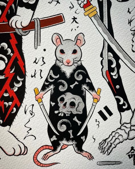 HORITOMO(Kazuaki Kitamura) | Donburitattoo monmon rat • Sumiink on paper • Prints are available at @monmoncats or link in bio… | Instagram Traditional Japanese Tattoo Flash, Rat Tattoo, American Traditional Tattoo Ideas, Traditional Tattoo Ideas, Mtg Altered Art, Traditional Style Tattoo, Japan Tattoo Design, Traditional Tattoo Sleeve, Creepy Tattoos