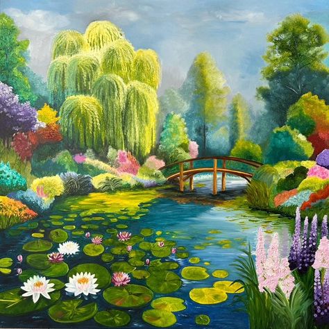 Oil Painting of a water Lily Pond with a bridge over the pond and weeping willows and colorful plants, bushes and water lilies. This is a one of a kind original oil painting. The sides are painted to look like the image on the front carries on over the side. The painting is varnished. 75cm x 75cm. Canvas on wooden stretcher bars. The depth of the stretcher bars is 38cm approximately. The photos do NOT show the scale of the painting. They are only to show what it might look like in different colo Pond Mural Painting, Water Pond Painting, Pond With Lily Pads Painting, The Water Lily Pond, Willow Water, Pond Reflection, Water Lilies Painting, Pond Painting, Water Lily Pond