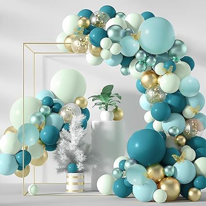 Amazon.com: 133Pcs Teal Balloons Arch Kit DIY Balloon Arch Garland Kit with Double-Stuffed Teal Balloons Gold Butterfly Blue Balloons Arch Kit for Birthday Wedding Bridal Baby Shower Communion Party Decorations : Home & Kitchen Teal Engagement Party, Blue And Gold Baby Shower Ideas, Teal Party Decor, Teal Party Decorations, Peacock Birthday, Diy Balloon Arch, Teal Balloons, Teal Party, Braids Styling