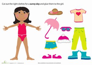 Summer Preschool Weather & Seasons Paper Projects Worksheets: Summer Paper Doll Girl Clothes Worksheet, Alphabet Mini Book, Seasons Worksheets, Preschool Weather, Preschool Sight Words, Summer Preschool, Paper Doll Dress, Preschool Arts And Crafts, Paper Dolls Printable