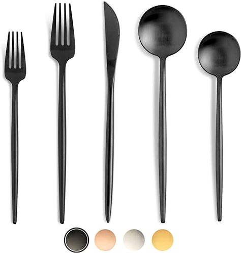 Amazon.com | BirdyFly Black Silverware Set, 20 Piece Stainless Steel Flatware Set Service for 4, Matte Black Cutlery Set, Include Knives/Forks/Spoons, Dishwasher Safe: Flatware Sets Rustic Flatware, Black Silverware, First Apartment Essentials, Black Cutlery, Gold Cutlery Set, Gold Silverware, Modern Flatware, Gold Cutlery, Apartment Essentials