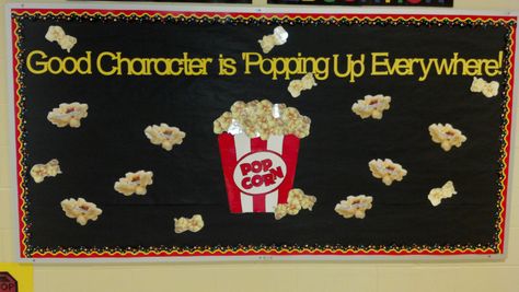 Good Character is Popping Up Everywhere- savvyschoolcounselor.com Character Education Bulletin Boards, Counselor Bulletin Boards, School Counseling Bulletin Boards, Middle School Bulletin Boards, Kindness Bulletin Board, Elementary Bulletin Boards, Eating Popcorn, School Counseling Office, Guidance Counseling