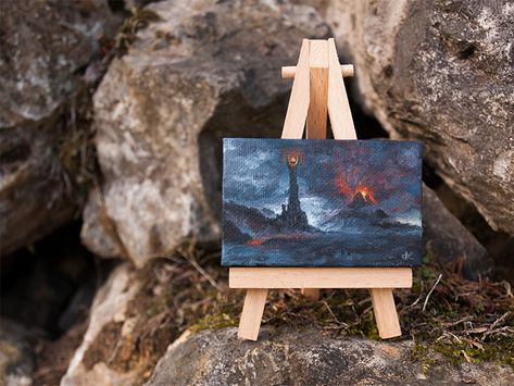 Mordor mini painting (Acrylic on 8x5" canvas).    #lotr #loroftherings #painting #minipainting #acrylic #mordor Lotr Painting Acrylic, Mordor Painting, Lotr Paintings, Lotr Watercolor, Lord Of The Rings Painting, Lotr Party, Castle Painting, Lotr Art, Acrylic Painting Flowers