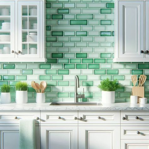 white kitchen cabinets with mint green subway tile backsplash Green Subway Tile Backsplash, Backsplash Colors, Green Subway Tile, Stone Backsplash, White Cabinet, Marble Backsplash, Glass Backsplash, Subway Tile Backsplash, Blue Mosaic