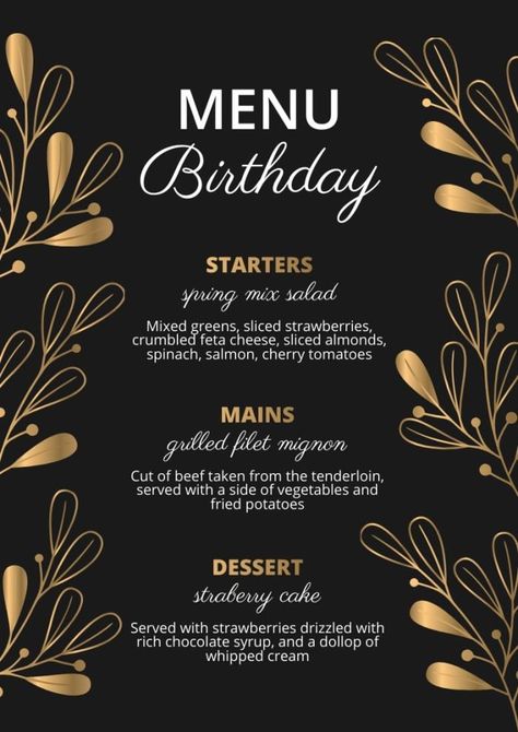 Gradient Linear Leaves Birthday Party Menu Menu Ideas For Birthday Party, Birthday Menu Ideas For Adults Template, Party Menu Ideas Birthday, Birthday Party Menu Ideas For Adults, Birthday Dinner Party Menu Ideas, Birthday Dinner Menu Ideas, Birthday Menu Card, Party Menu Template, Birthday Dinner Menu