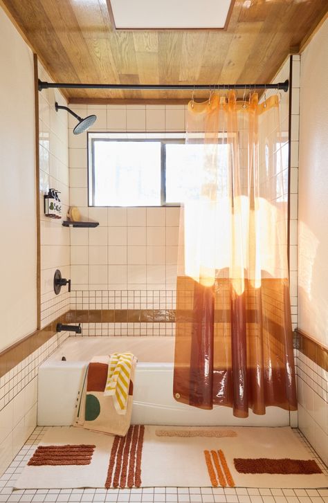 Sun Shower Orient Grass | Orange Shower Curtain | Quiet Town Clear Plastic Shower Curtain, Bathroom Sheer Curtains, Mid Century Modern Bathroom Small Shower Curtains, Small Bathroom Natural Decor, Shower Curtain Interior Design, Studio Ghibli Shower Curtain, Pvc Shower Curtain, Cozy Bathroom Shower Curtains, Colorful Mid Century Modern Bathroom