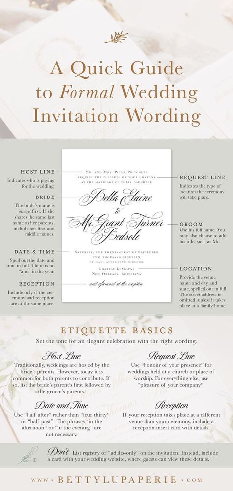 Sometimes wedding etiquette can be a little tricky to navigate–especially if you desire very formal wedding invitation wording. There can be a lot of sensitive scenarios involved (especially in the case of divorced and/or remarried parents), and of course you don’t want to hurt anyone’s feelings. Th Catholic Wedding Invitation Wording, Wedding Invitation Wording Formal, Wedding Invitation Wording Templates, Catholic Wedding Invitations, Wedding Invitation Wording Examples, Sample Wedding Invitation Wording, Formal Wedding Invitation, Kraft Wedding Invitations, Invitation Etiquette