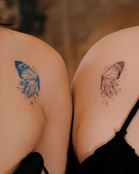 Harry Potter Tattoo Matching, Matching Butterflies Tattoos, Couples Butterfly Tattoos, Butterfly Sibling Tattoo, Butterfly Tattoo For Sisters, Matching Best Friend Butterfly Tattoos, Matching Sister Butterfly Tattoos, Twin Butterfly Tattoo, Matching Butterfly Tattoos Mom