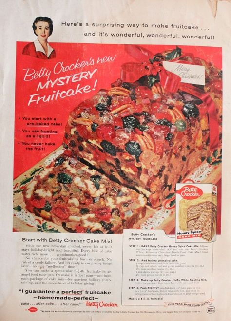 Vintage December, Betty Crocker Cake Mix, Devils Food Cake, 1950s Christmas, Spice Cake Mix, Fruitcake Recipes, Getting Ready For Baby, Baked Fruit, Tool Cake