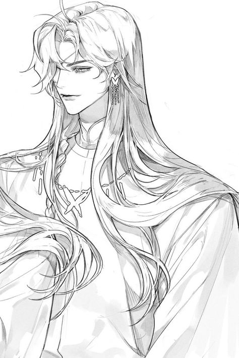 Hair Falling Down Reference, Long Hair Male Hairstyles Drawing, Half Up Hair Drawing, Long Hair Guy Drawing, Long Haired Men Drawing, Intricate Design Drawing, Hair Strands Drawing, Man With Long Hair Drawing, Long Anime Hair Reference