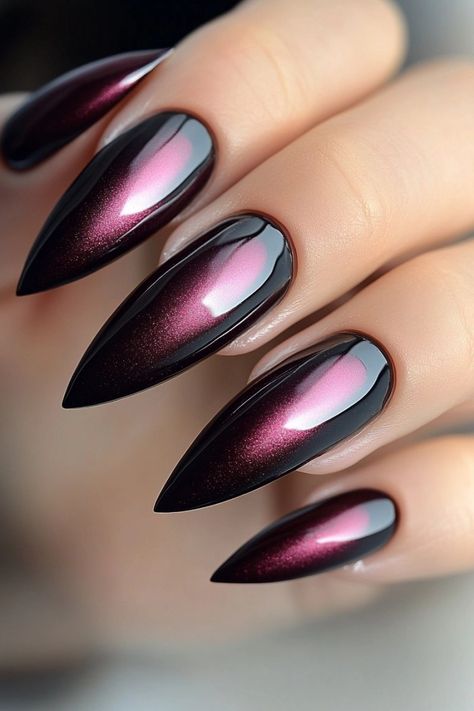 Cateyes Nails Fall, Witchy Chrome Nails, Neon Purple Chrome Nails, October Chrome Nails, Halloween Chrome Nails Designs, Fall Gothic Nails, Chrome Halloween Nails Designs, Black Chrome Nail Designs, Popular Nail Shapes 2024