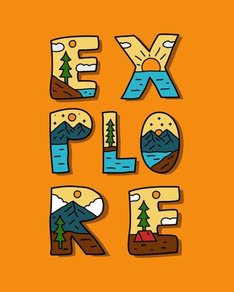 Vector explore letter with nature mounta... | Premium Vector #Freepik #vector #camping #camping-adventure #camping-illustration #camping-background Tshirt Sticker, Camping Design, T Shirt Logo Design, Mountain Camping, Creative T Shirt Design, Shirt Logo Design, Tshirt Printing Design, Wedding Mugs, Cookies For Kids