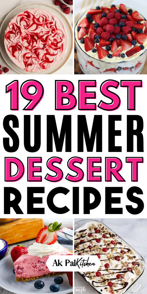 Summer desserts to cool you down! Explore our easy summer dessert recipes, refreshing fruit desserts, and frozen summer treats. From no-bake summer treats to summer berry recipes, find perfect picnic desserts. Dive into tropical dessert recipes, and summer cheesecake ideas, or try our grilled desserts. Whether you prefer vegan summer treats, gluten-free summer dessert ideas, or summer chocolate desserts, we have something for everyone. Enjoy the season with these delightful summer recipes! Easy To Swallow Desserts, Best Summer Foods, Dessert Ideas For Cookout, Summer Kid Recipes, June Dessert Ideas, Fruit Summer Desserts, Lite Desserts For Summer, Desserts That Can Be Frozen For Later, Kid Favorite Desserts