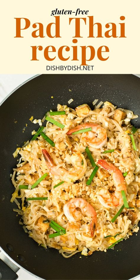 Flavorful, tasty, and easy, this gluten-free pad thai recipe is the perfect main dish for satisfying your craving for Asian food! Swap out the shrimp for another protein or leave it out to make it vegetarian. No matter what, you're definitely going to enjoy it. Totally dairy-free too. Gluten Free Pad Thai, Thick Rice Noodles, Vegetarian Pad Thai, Pad Thai Sauce, Pad Thai Noodles, Thai Sauce, Thai Recipe, Pad Thai Recipe, Vegan Fish