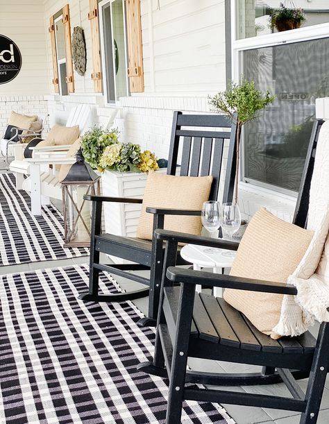 Front Porch Rocking Chair Decor, Front Porch Rocking Chairs, Porch Rocking Chair, Black Outdoor Furniture, Rocking Chair Porch, Being Successful, Patio Style, Front Porch Decorating, Outdoor Rocking Chairs