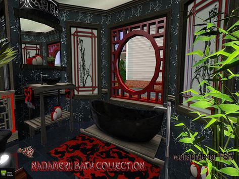 https://www.thesimsresource.com/downloads/details/category/sims3-sets-objects-bathroom/title/nadameru-bath-collection-tsraa/id/1163231/ Sims 4 Goth Bathroom, Sims 4 Cc Furniture Bathroom, Bathroom Title, Goth Curtains, Sims Vampire, Goth Bathroom, Sims 4 Cc Goth, Gothic Bathroom, Dark Bathrooms