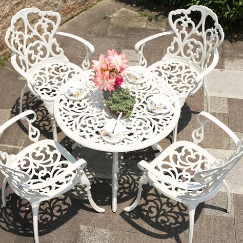 Bloomsbury Market Aguallo 4 - Person Round Outdoor Dining Set | Wayfair Garden Chairs Outdoor Metal, Outdoor Table And Chairs, Chair Balcony, Round Patio Table, Aluminium Outdoor Furniture, Modern Garden Furniture, Aluminium Garden Furniture, Balcony Chairs, European Garden