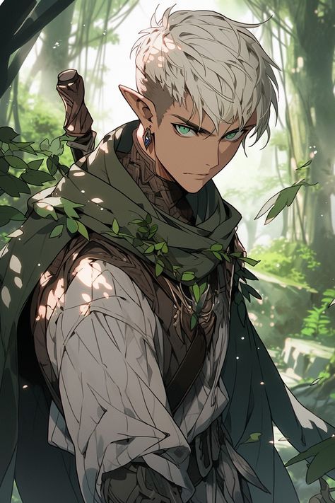 Half Dragon Fantasy Art, Green Hair Character Design Male, Nature Oc Art, Elfs Drawing, Male Druid Character Art, Male Elf Character Art, Half Elf Male Character Design, Half Dragon Half Human Male, White Hair Elf Male