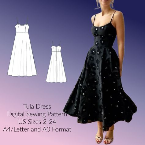 Tula Sundress - Spaghetti Straps - Digital Sewing Pattern - US Sizes 2-24 - A4/Letter & A0 Format Dress Top Sewing Pattern, Simple Dresses To Make, Sew Wedding Guest Dress, Starter Sewing Patterns, Tea Length Dress Pattern, Women’s Dress Sewing Patterns, Strappy Dress Pattern, Easy Dress Patterns For Beginners, Whimsical Sewing Patterns