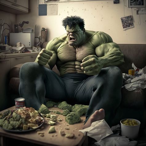 Diseño elaborado con inteligencia artificial, hulk enojado sentado en un cuarto donde hay comida chatarra. Angry Hulk, 8k Wallpaper, Hulk Marvel, Graphic Designing, New Model, Hulk, Chevy, Marvel, Collectibles