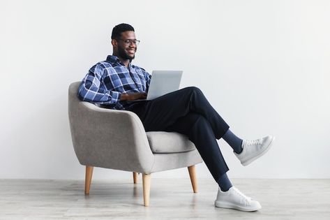 Relax Image, Flyers Background, Content Pictures, Man Relaxing, Working On Computer, Computer Course, White Studio Background, Black Guy, American Guy