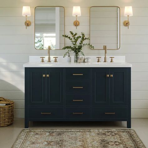 Latitude Run® Amariani 60" Double Bathroom Vanity Base Only & Reviews | Wayfair Blue Cabinets Bathroom, Carrara Quartz, Shaker Style Doors, Solid Wood Cabinets, Bathroom Vanity Base, Contemporary Bathroom Vanity, White Quartz Countertop, Double Sink Bathroom, White Marble Countertops