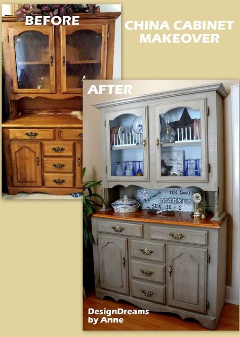 Farmhouse China Cabinet Makeover - I picked up this 1980's china cabinet for $100. When I got it home, I noticed the very strong smell of cigarette smoke... Not… Farmhouse China Cabinet, China Cabinet Makeover, Antique China Cabinets, Redo Cabinets, Hutch Makeover, Cabinet Makeover, After Pictures, Farmhouse Furniture, Refurbished Furniture