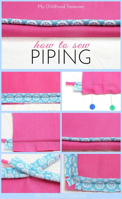 Piping can add a professional touch to the edges of cushions, bags and purses, quilts and even clothing. Learn how to sew piping step by step. How To Sew Piping Tutorials, Pillow Piping, Sew Piping, Sew Tips, Piping Tutorial, Sewing Piping, Sewing Details, Piped Cushion, Sewing 101