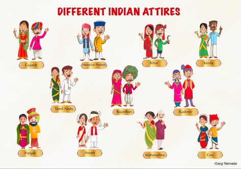 Different Indian attires/dress codes Traditional Dress Of Indian States, Indian States Traditional Dress, Cultural Day Outfits Traditional Dresses, Indian Attire Traditional, Indian Culture Art Drawing, Traditional Dresses Indian, Space Vocabulary, India Traditional Dress, Diwali Painting