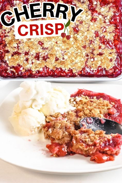 Give this cherry crisp a try. Make with red tart cherries and a homemade cherry glaze, topped with oats. A simple cherry dessert to try out for any and every occasion. This cherry crisp recipe can be made a day in advance if you want a make-ahead dessert. Great for potlucks, parties, or a weeknight dessert. Canned Tart Cherry Recipes, Red Tart Cherries Recipes, Dried Tart Cherry Recipes, Dried Red Tart Cherry Recipes, Easy Cherry Crisp, Cherry Crisp Recipe Easy, Cherry Crisp Recipe, Tart Cherries Recipes, Fruit Crisp Recipe