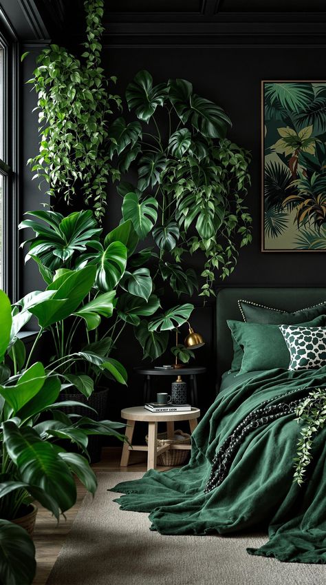 Black Bedroom Ideas Emerald Black And Gold Bedroom, Green Black And White Bedroom, Dark Nature Aesthetic Bedroom, Black Ceiling Bedroom, Bedroom Ideas With Plants, Bedroom With Green Walls, Black And Green Bedroom, Black And Gold Bedroom, Black Bedroom Ideas