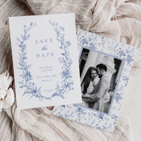 Victorian Blue Floral Dusty Blue Wedding Save The Date #zazzle #weddinginvitations #birthdayinvitations #babyshowerinvitations #zazzleinvitations #monogram #businesscards #graduation #homedecor Blue Wedding Save The Date, French Blue Wedding, Baby Blue Weddings, Blue White Weddings, Dusty Blue Wedding, Light Blue Wedding, Hydrangeas Wedding, Blue Themed Wedding, Victorian Wedding