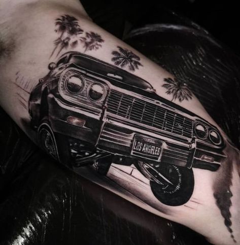 Low Rider Tattoo, Lowrider Tattoo, Skyline Tattoo, Tattoos Men, Chicano Tattoos, Chicano Art Tattoos, Car Tattoos, Leg Tattoo, Inked Men