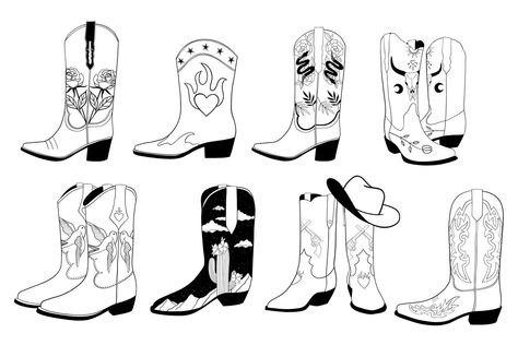 Drawn Cowboy Boots, Cowboy Boots Line Drawing, Cowboy Boots Sketch, Cowboy Boot Design, Cowboy Outfit Drawing, Cowboy Boots Cartoon, How To Draw Cowboy Boots, Cowboy Boot Doodle, Cartoon Cowboy Boots